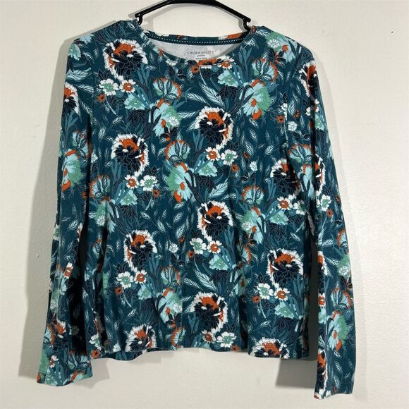 Laura Scott Petite‎ Floral Long Sleeve Blouse Blue Crew Neck Women's Size S - Picture 1 of 9